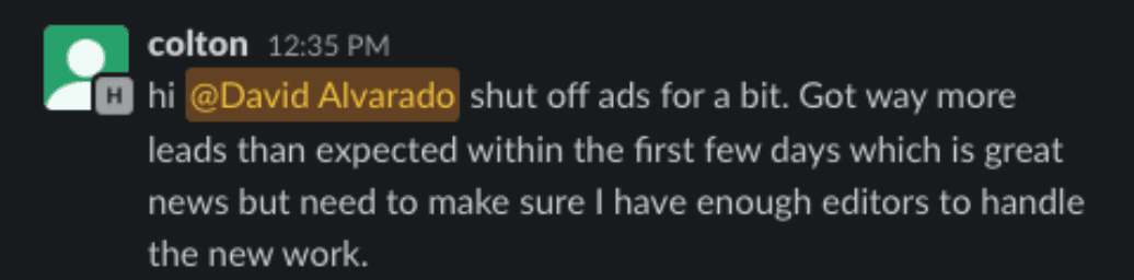 Client feedback from Colton